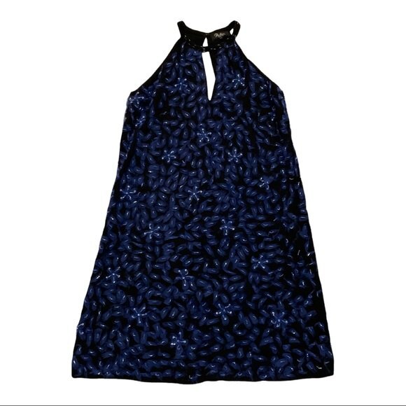 Parker Black Abstract Embellished Mini Halter Cocktail Dress 2 Black Blue Floral - Picture 1 of 9